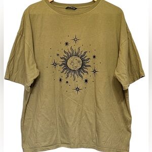 SHEIN WOMEN OVERSIZED CUTE SHIRT WITH SUN FACES OLIVE GREEN M